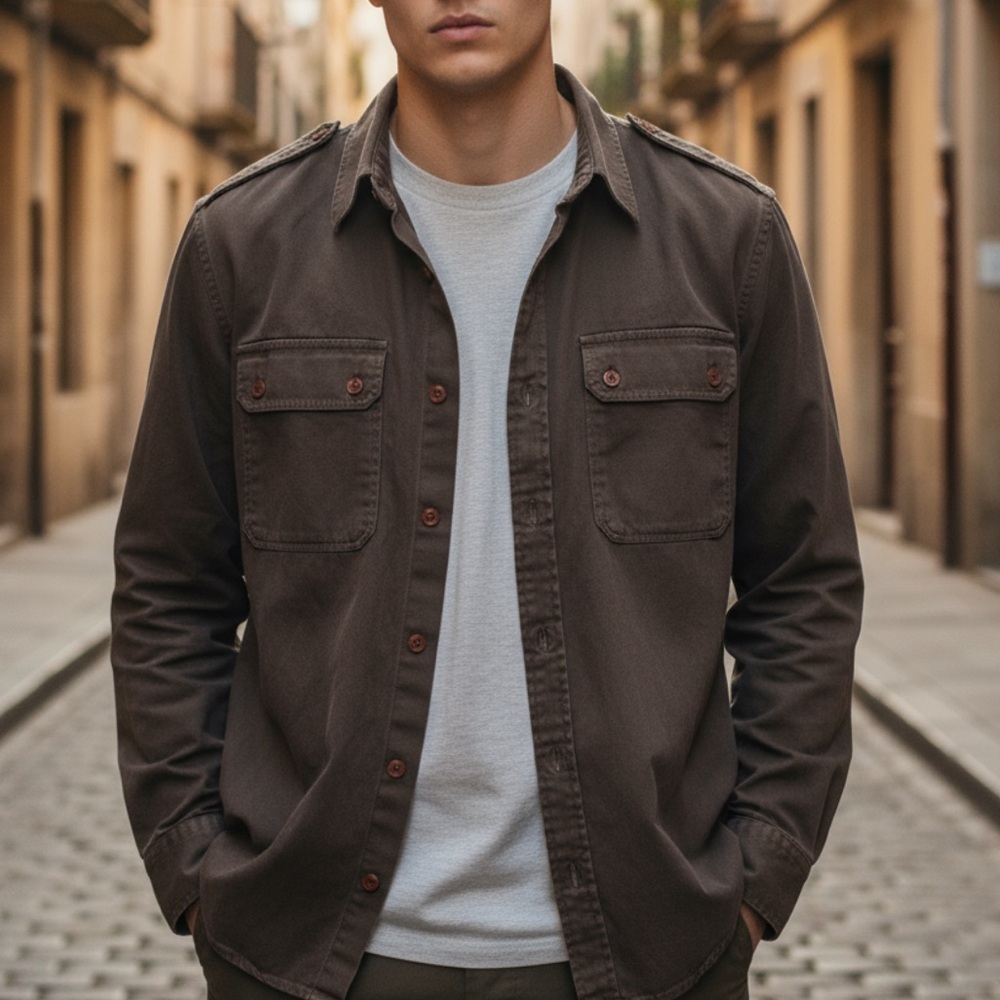 VINCE Utility Cotton Brown Long Sleeve Shirt Top